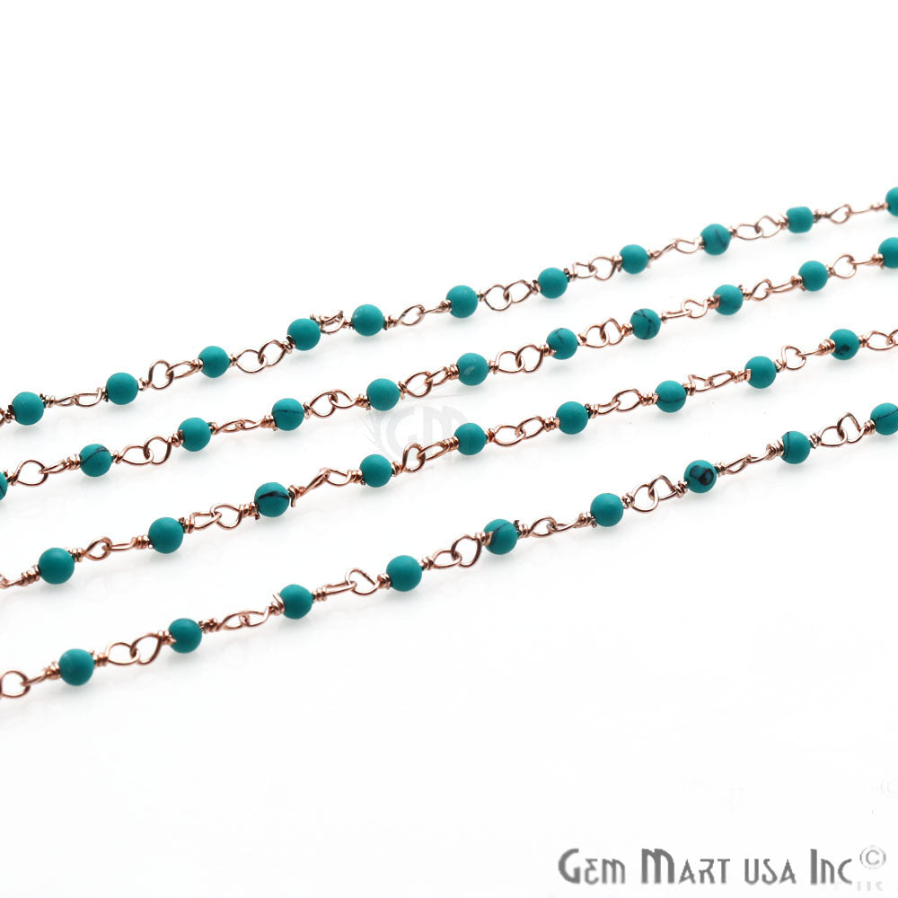 Turquoise 2-2.5mm Beaded Beaded Rose Gold Plated Wire Wrapped Rosary Chain - GemMartUSA