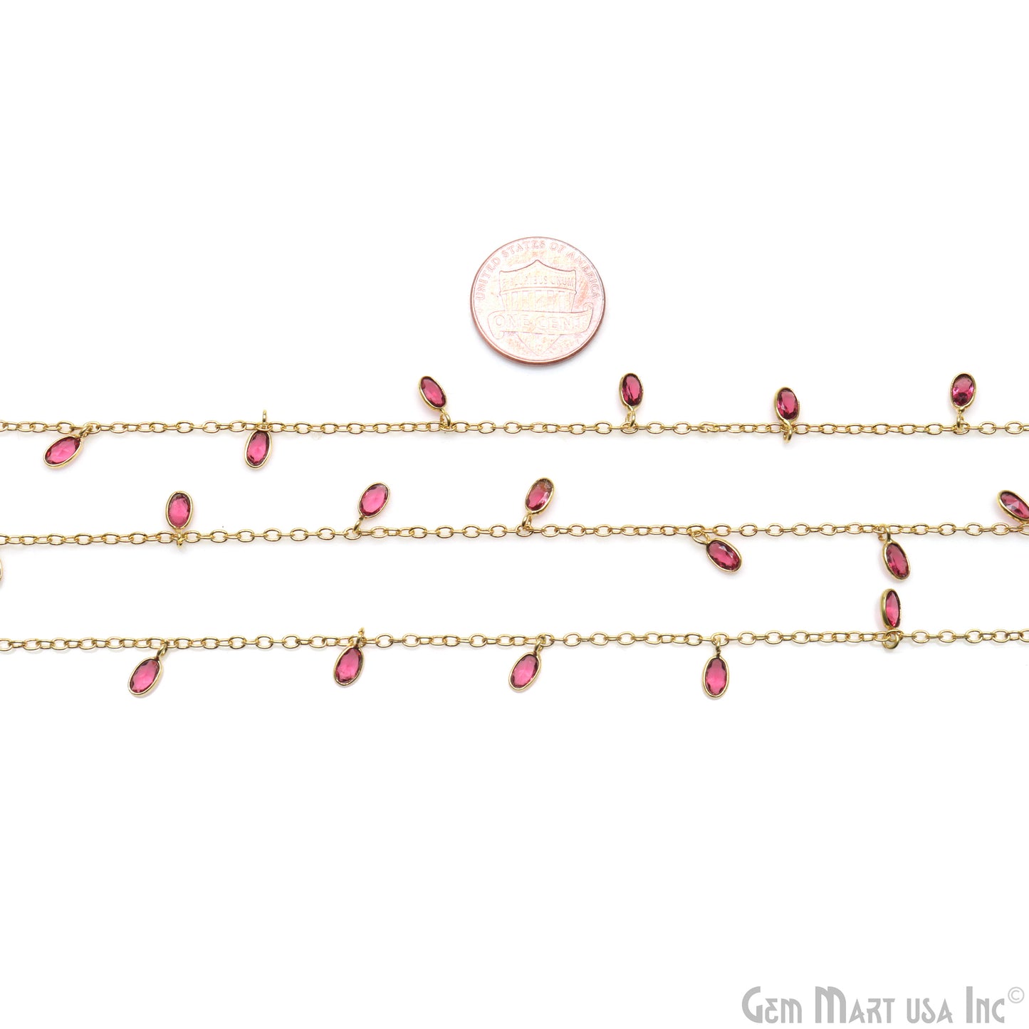 Pink Tourmaline Oval 5x3mm Gold Plated Bezel Connector Dangle Rosary Chain