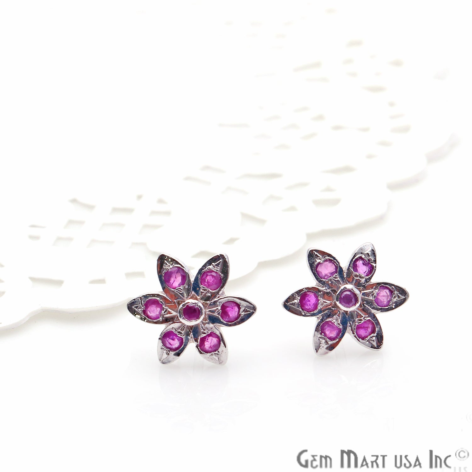 Ruby 9mm Sterling Silver Flower Shape Stud Earring - GemMartUSA