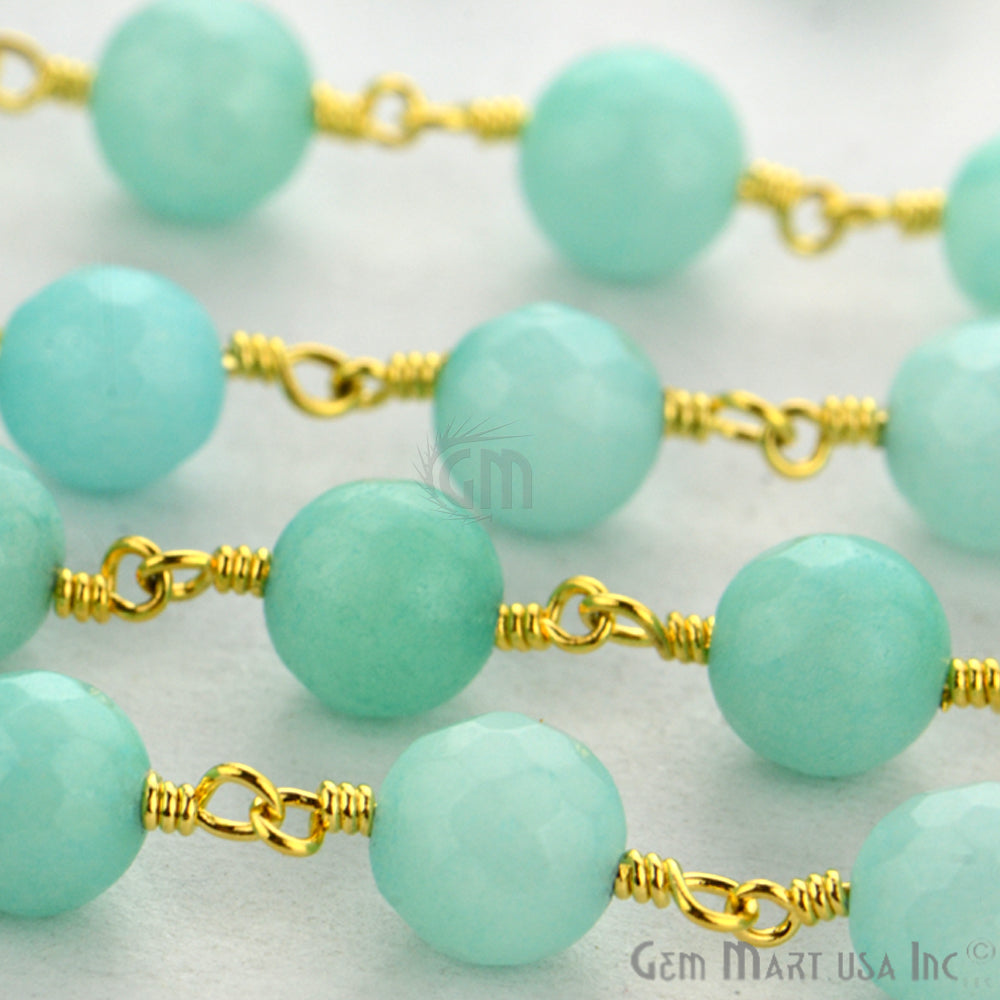 Light Green Jade Faceted Beads 6mm Gold Plated Wire Wrapped Rosary Chain - GemMartUSA