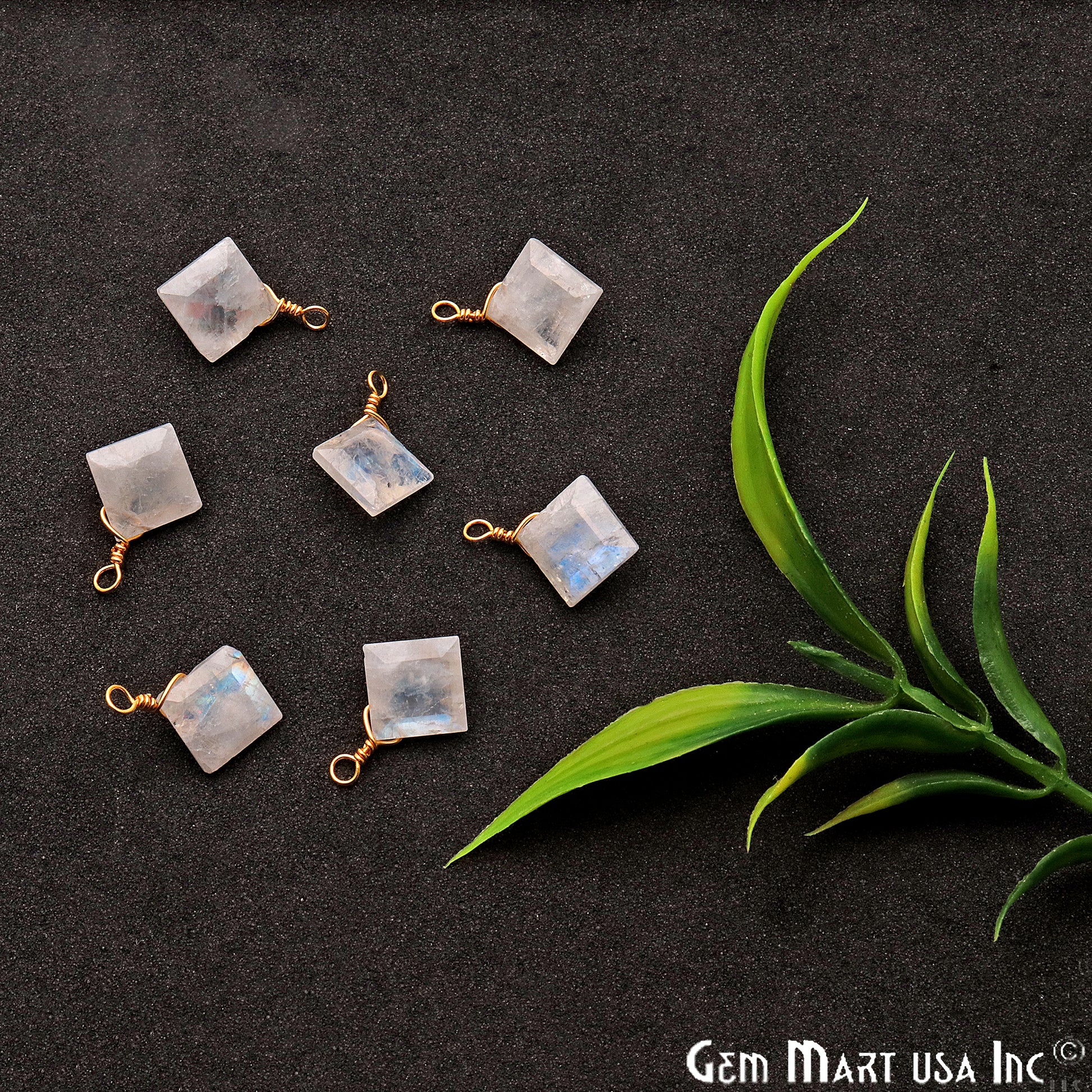 Rainbow Moonstone 8mm Square Single Bail Gold Wire Wrapped Gemstone Connector - GemMartUSA