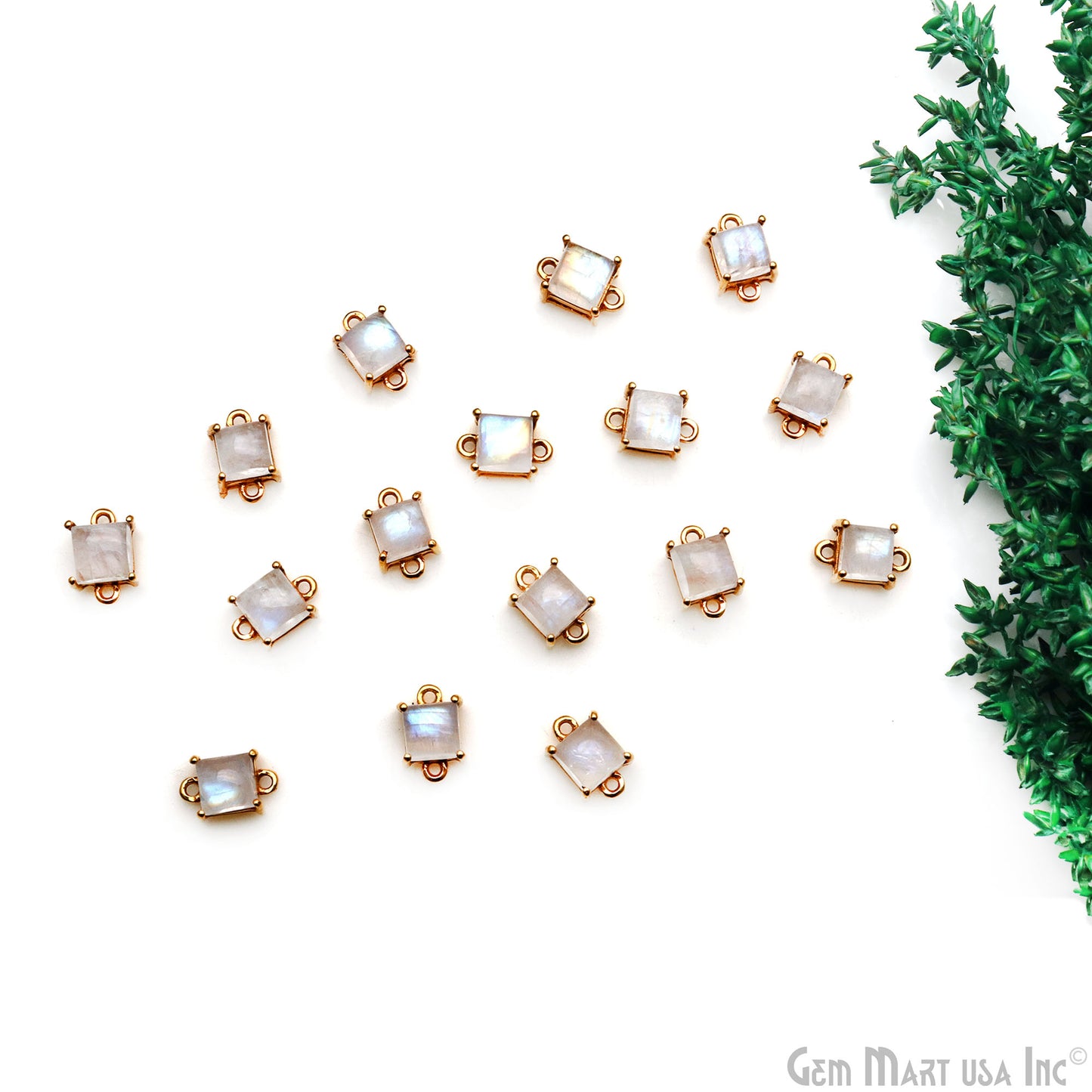 Rainbow Moonstone Cabochon Square Prong Gold Plated Bail Connector