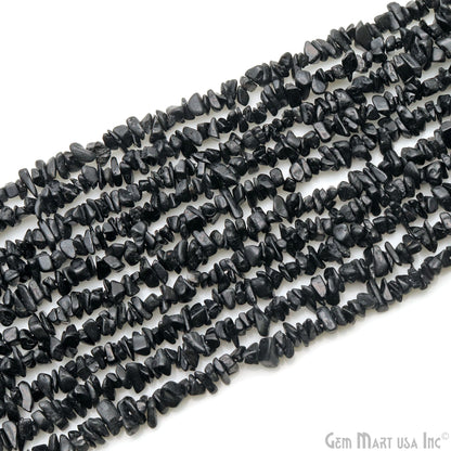 Black Tourmaline Chip Beads, 34 Inch, Natural Chip Strands, Drilled Strung Nugget Beads, 3-7mm, Polished, GemmartUSA (CHKT-70001)