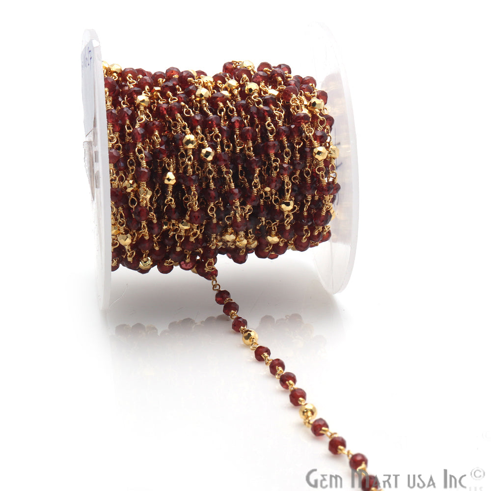 Garnet & Golden Pyrite Multi Gemstone Beaded Wire Wrapped Rosary Chain - GemMartUSA