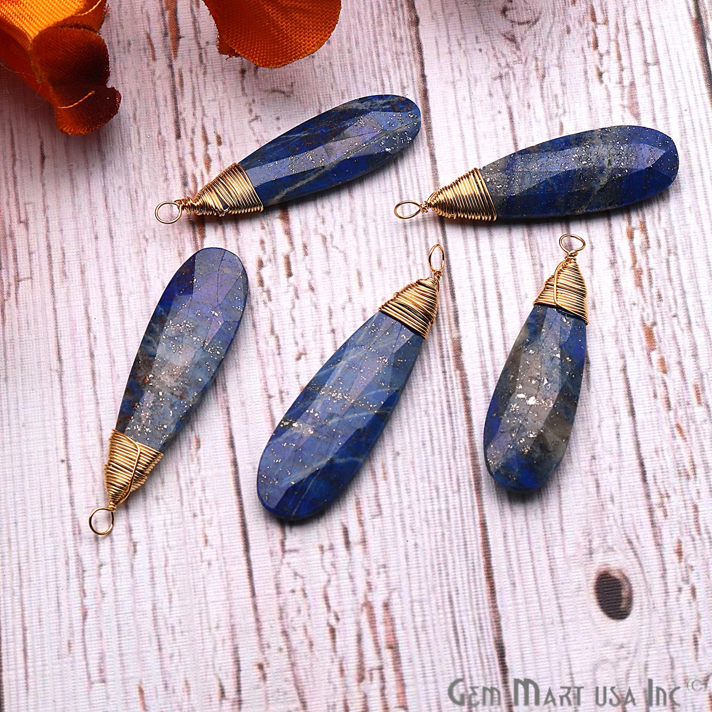 Lapis Lazuli 41x10mm Pear Shaped Gold Wire Wrapped Connector Pendant - GemmartUSA