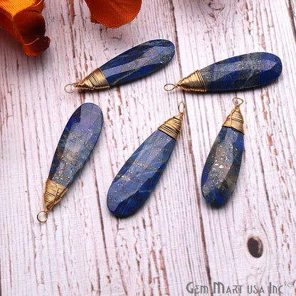 Lapis Lazuli 41x10mm Pear Shaped Gold Wire Wrapped Connector Pendant - GemmartUSA