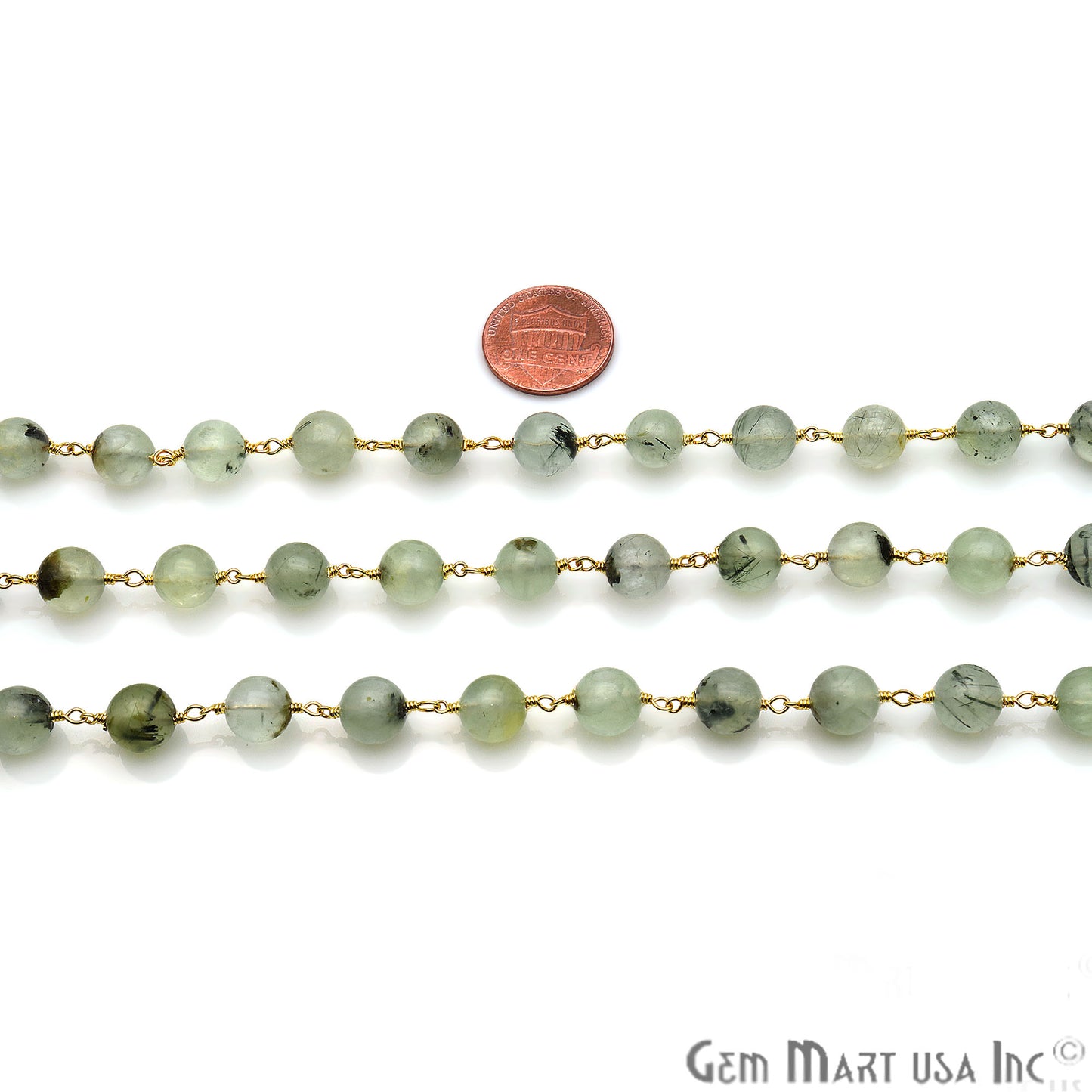 Prehnite Smooth Beads 8mm Gold Plated Wire Wrapped Gemstone Rosary Chain - GemMartUSA