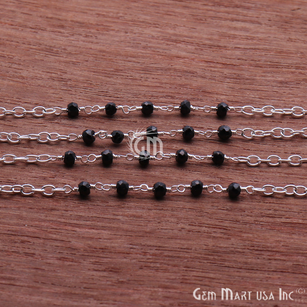 Black Spinel Beads Gemstone Beaded Silver Plated Wire Wrapped Rosary Chain