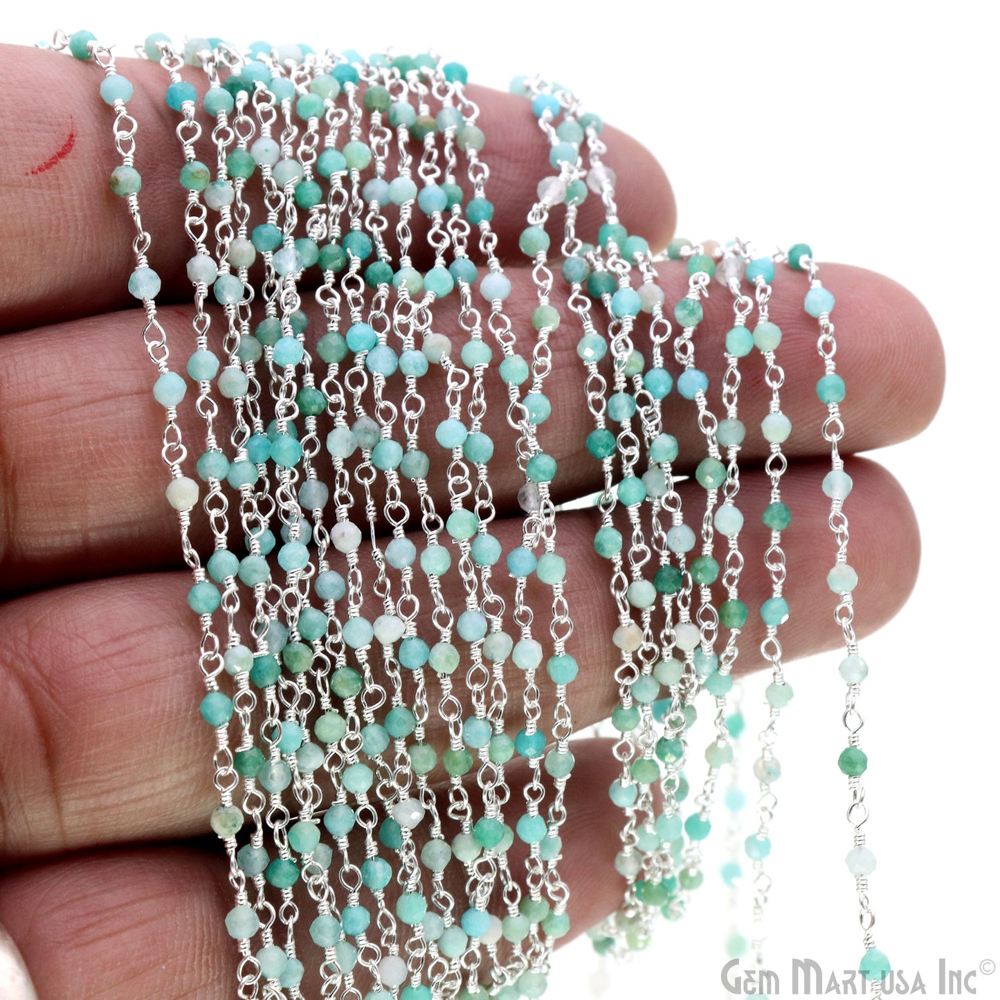 Amazonite 2-2.5mm Tiny Beads Silver Plated Wire Wrapped Rosary Chain