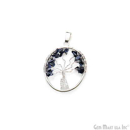 Tree of Life Blue Sandstone Oval Silver Wire Wrapped 46x35mm Chakra Pendant