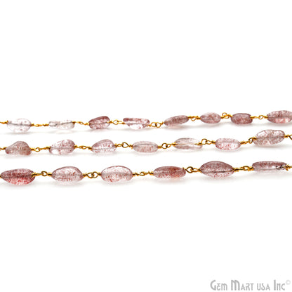 Strawberry Quartz 12x5mm Tumble Beads Gold Plated Rosary Chain