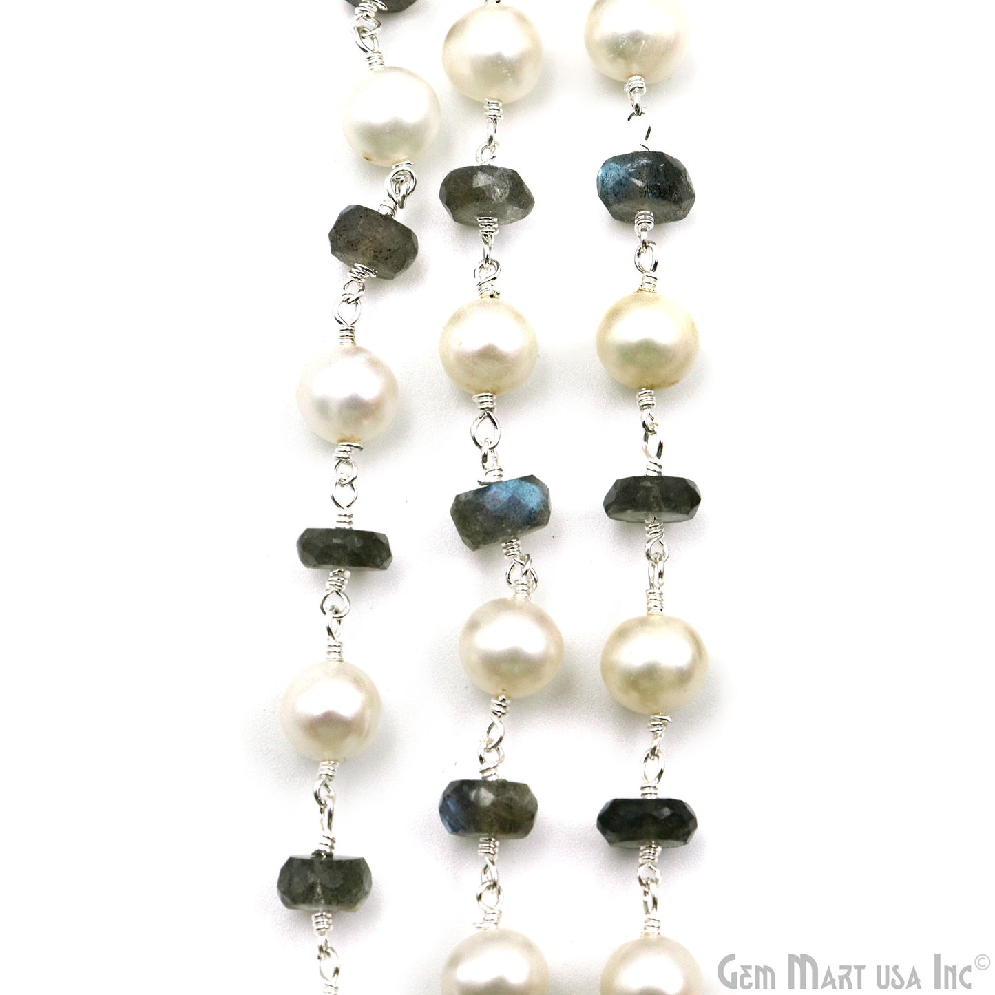 Labradorite & Pearl 7-8mm Faceted Beads Silver Plated Wire Wrapped Rosary Chain