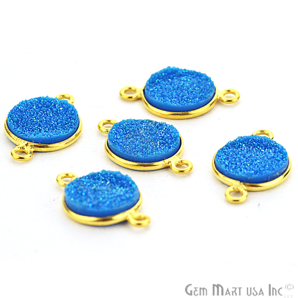 Blue Synthetic Faux Druzy Round 10mm Double Bail Gold Plated Connector - GemMartUSA