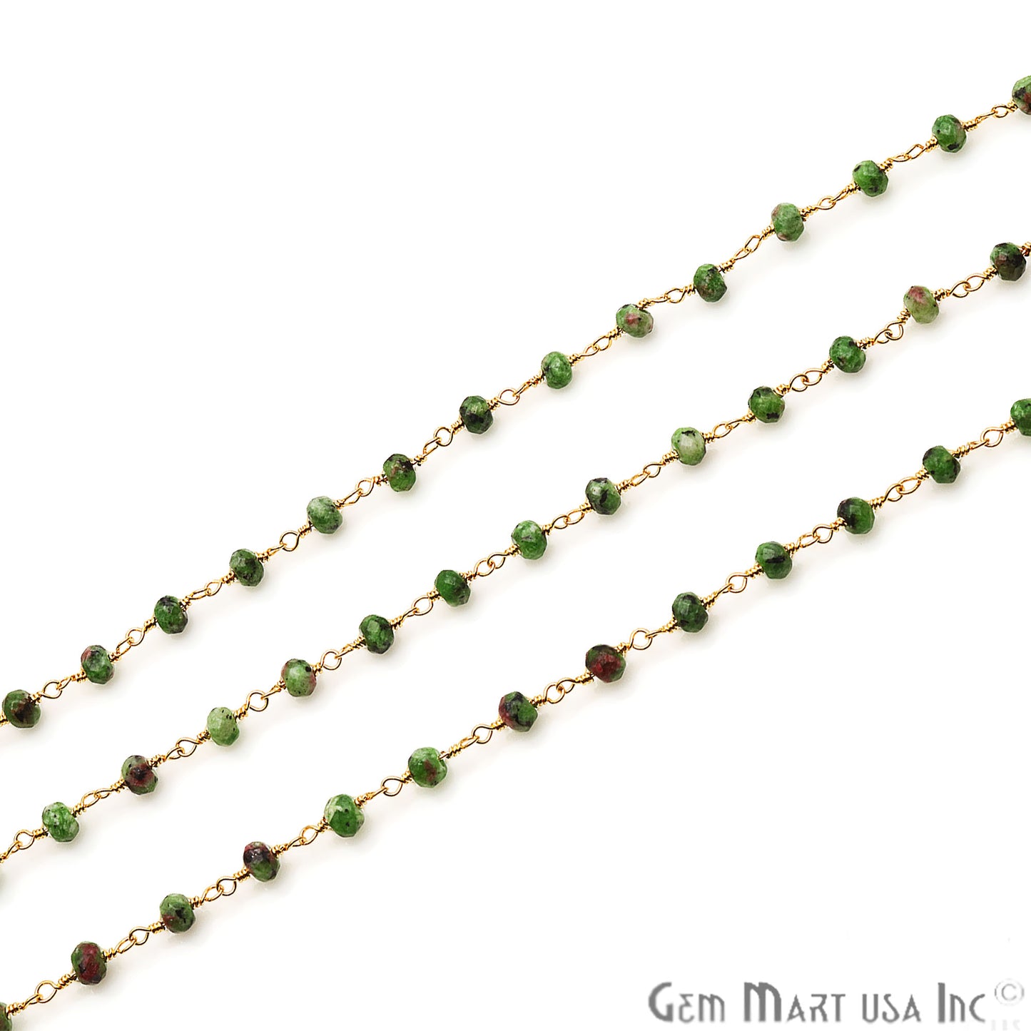 Ruby Zoisite Jade Faceted Beads 4mm Gold Plated Wire Wrapped Rosary Chain - GemMartUSA