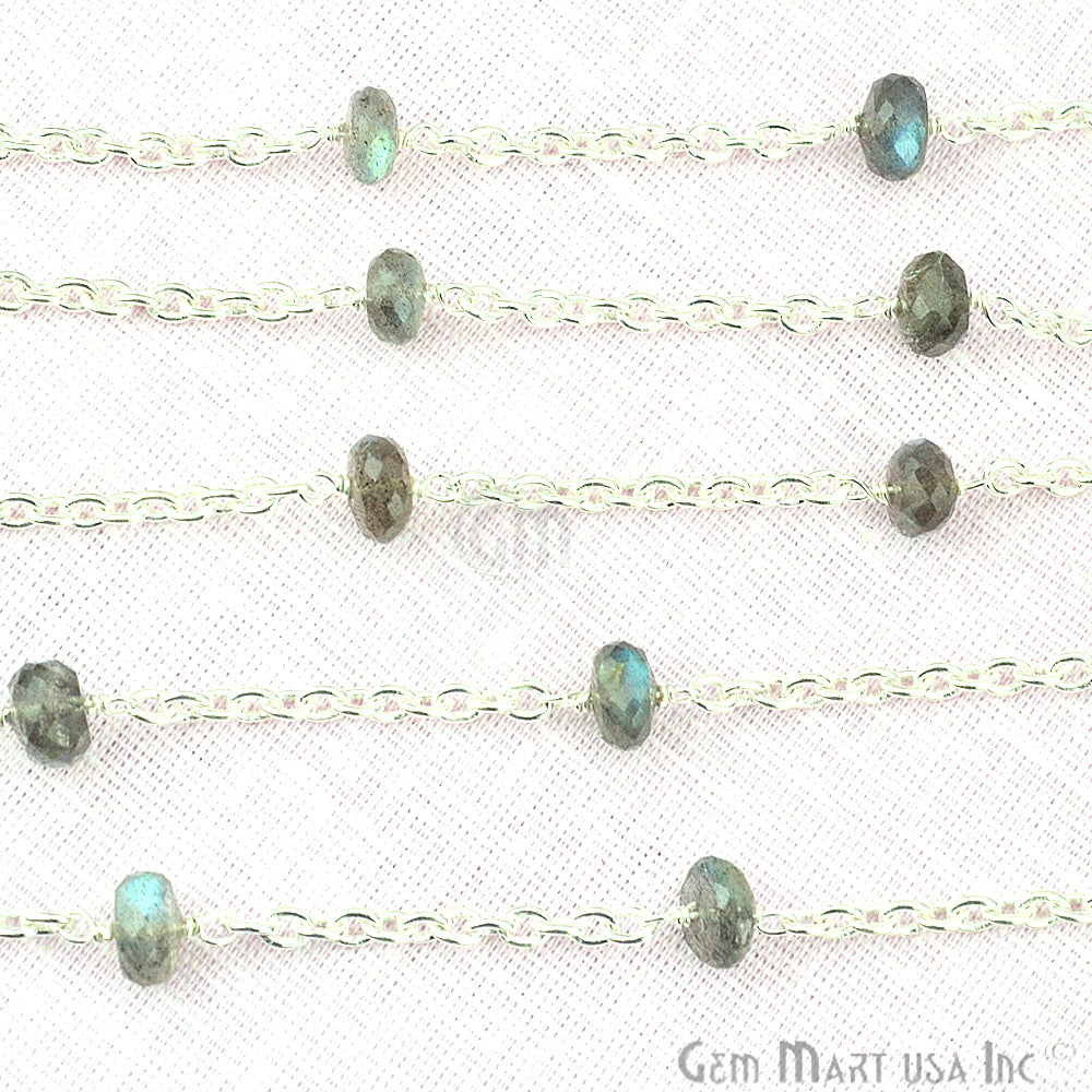 Labradorite Rondelle Beads Chain, Silver Plated Wire Wrapped Rosary Chain (763875164207)