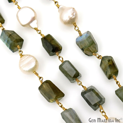 Labradorite With Pearl Freeform Shape Gold Plated Wire Wrapped Beads Rosary Chain