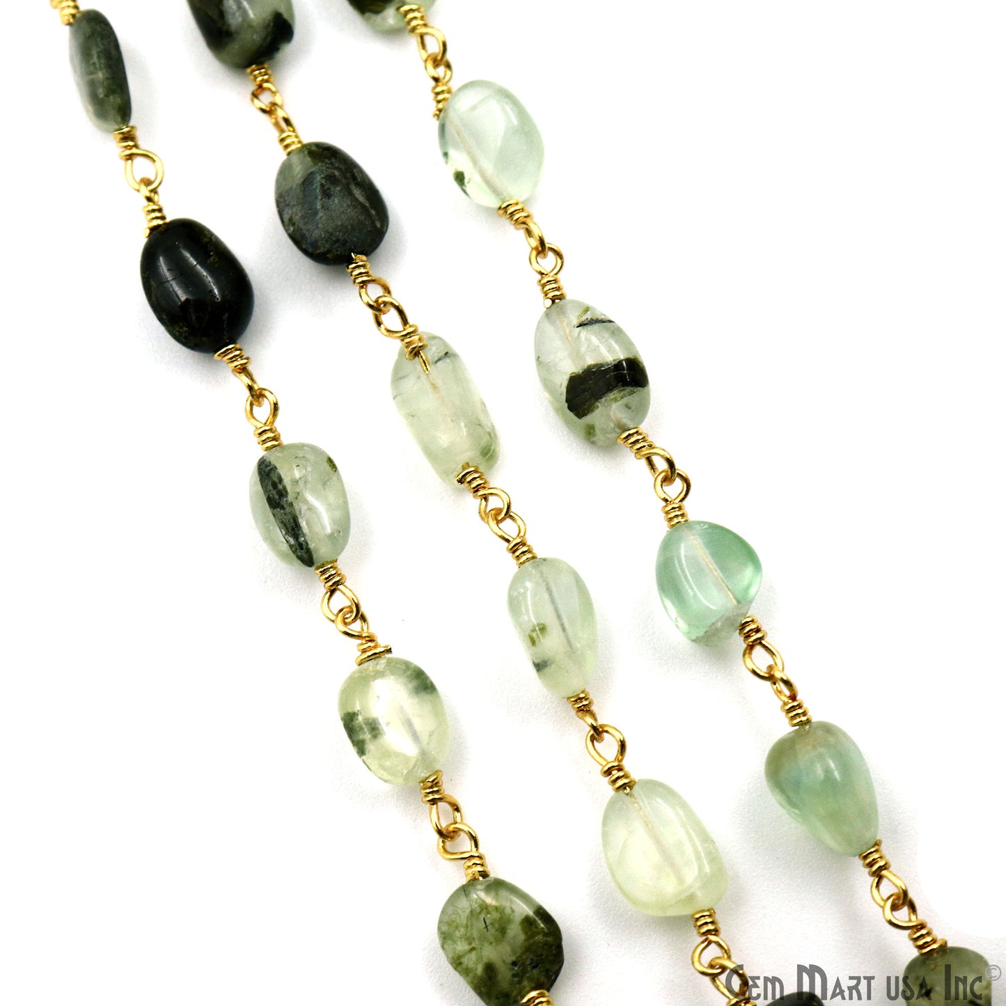 Green Rutile Tumble Beads 8x5mm Gold Plated Gemstone Rosary Chain