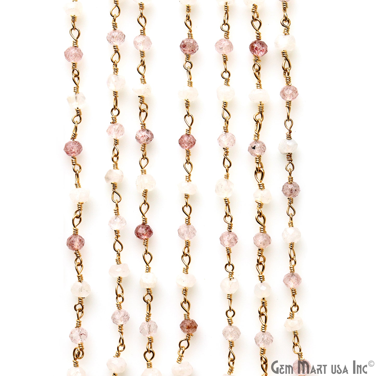 Strawberry Quartz & Rainbow Faceted Beads Gold Plated Wire Wrapped Rosary Chain