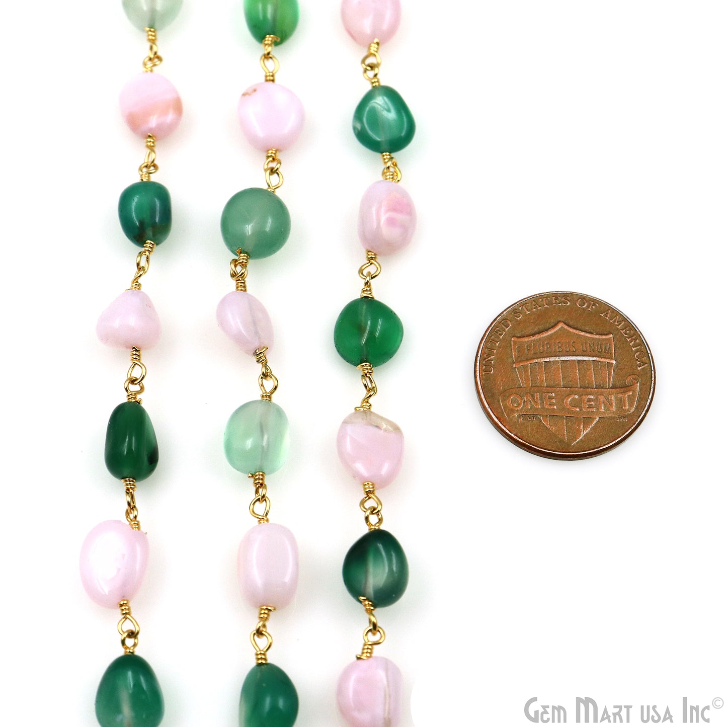 Shaded Green Onyx & Pink Opal 8x5mm Tumble Beads Gold Plated Rosary Chain