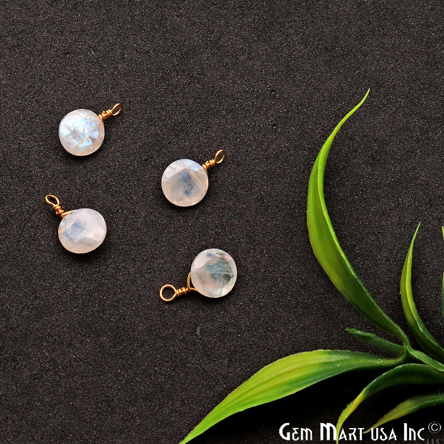 Rainbow Moonstone 8mm Round Single Bail Gold Wire Wrapped Gemstone Connector - GemMartUSA