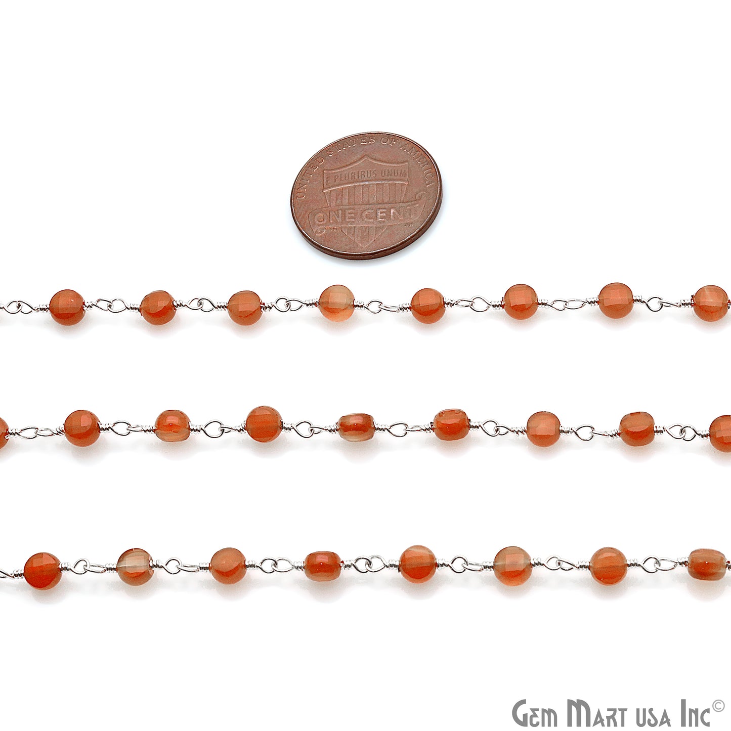 Carnelian Faceted 3-4mm Silver Wire Wrapped Rosary Chain - GemMartUSA