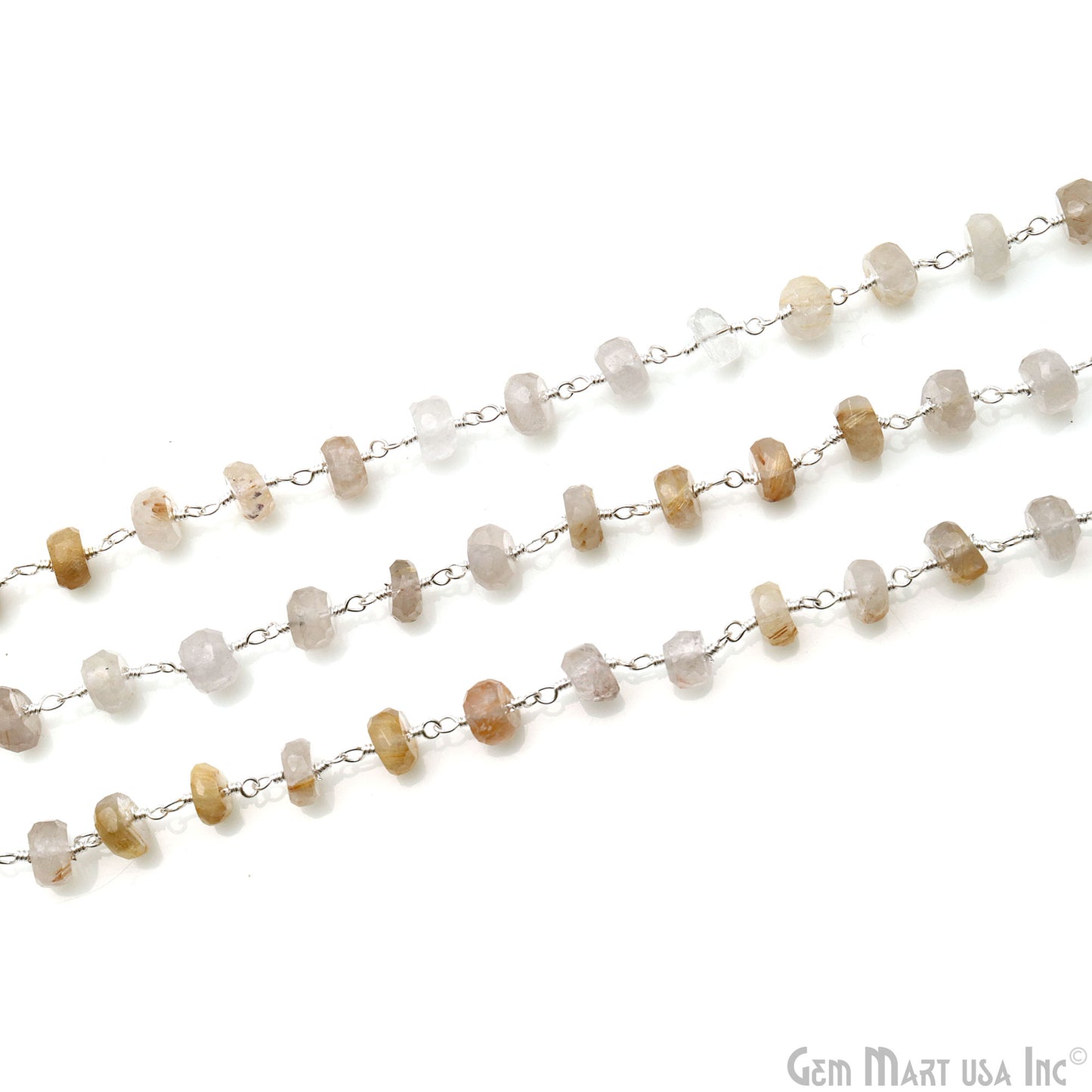 Golden Rutile Faceted Beads 6-7mm Silver Wire Wrapped Rosary Chain