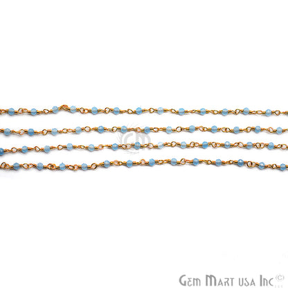 Light Blue Chalcedony Gold Plated Wire Wrapped Gemstone Beads Rosary Chain - GemMartUSA (762912997423)