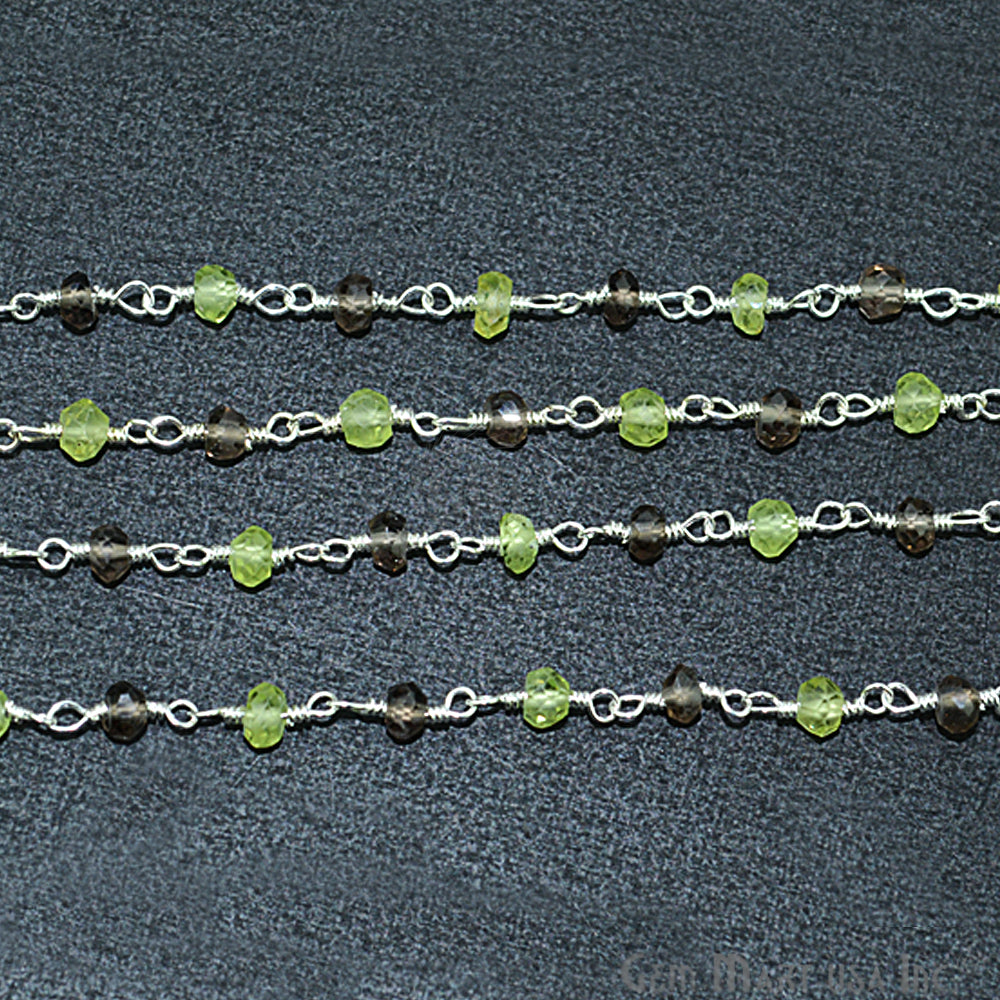 Smoky Topaz With Peridot 3-3.5mm, Silver Plated Wire Wrapped Rosary Chain