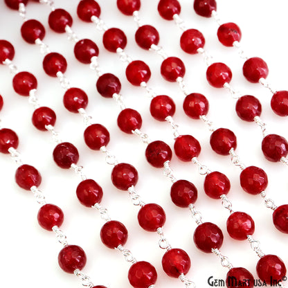 Red jade Faceted Beads 8mm Silver Wire Wrapped Rosary Chain