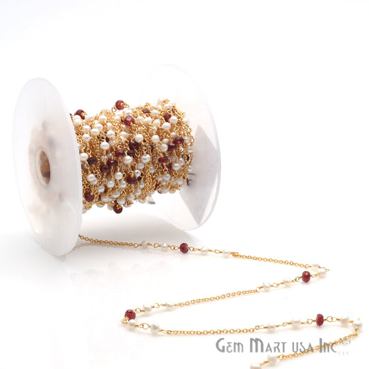 Garnet & Pearl Multi Gemstone Beaded Wire Wrapped Rosary Chain - GemMartUSA