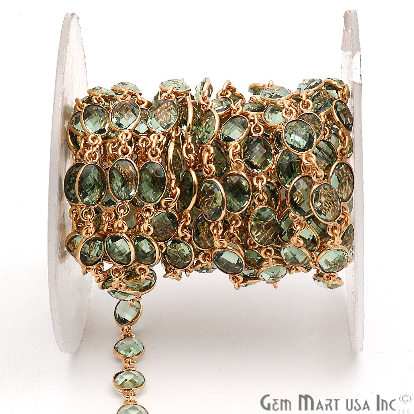 Green Amethyst 7x5mm Bezel Link Gold Plated Continuous Connector Chain - GemmartUSA