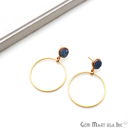 Round Druzy 43x30mm Gold Plated Dangle Hoop Stud Earring (Pick Color) - GemMartUSA