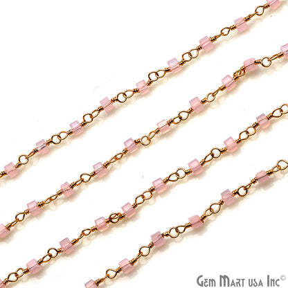 Rose Chalcedony Cube Faceted 2mm Gold Wire Wrapped Rosary Chain - GemMartUSA