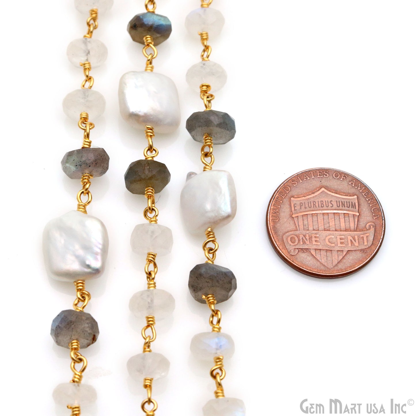 Labradorite, Rainbow Moonstone & Pearl Beads Gold Plated Rosary Chain