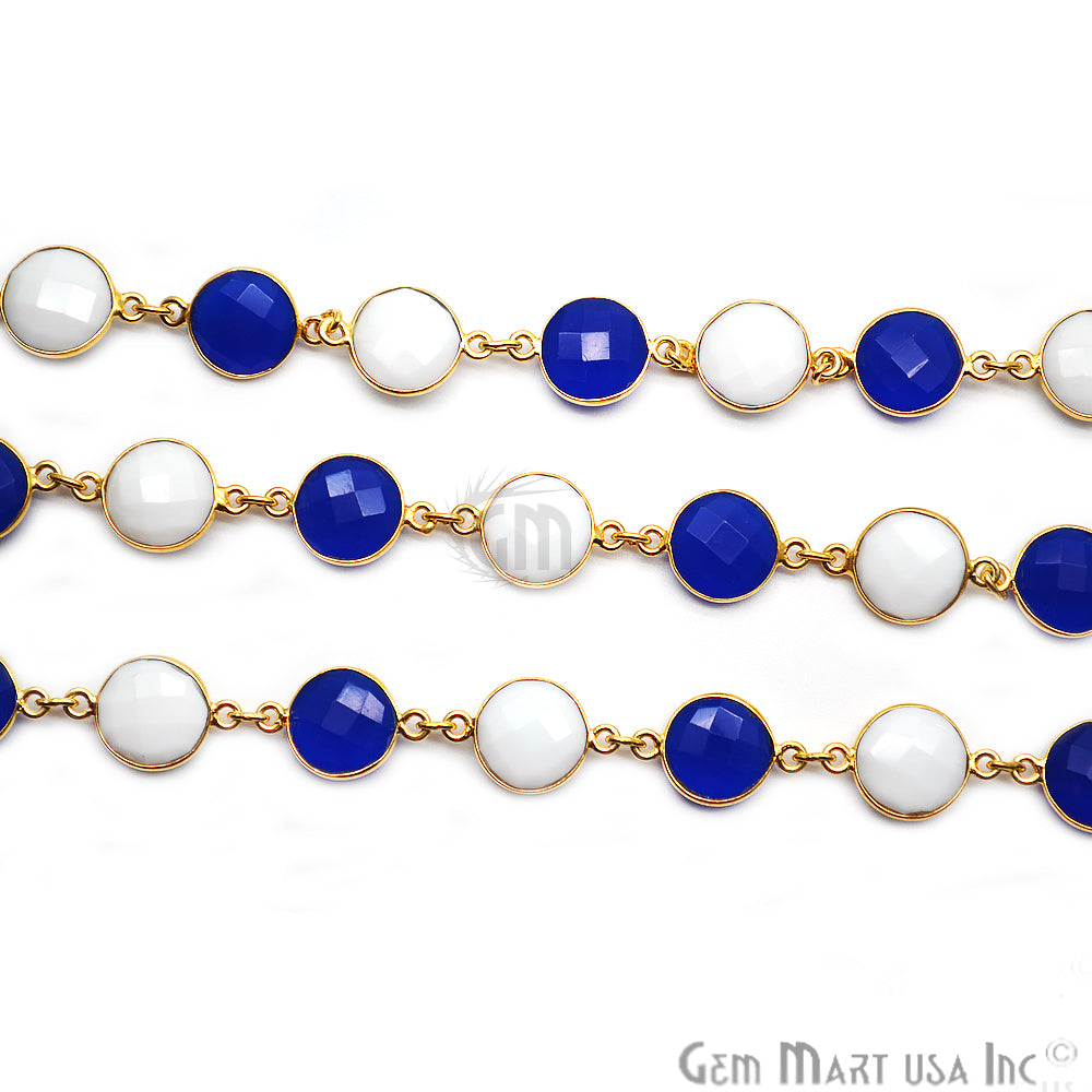 Blue Chalcedony & White Agate 12mm Round Gold Bezel Continuous Connector Chain - GemMartUSA (764267659311)