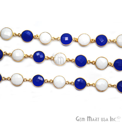 Blue Chalcedony & White Agate 12mm Round Gold Bezel Continuous Connector Chain - GemMartUSA (764267659311)