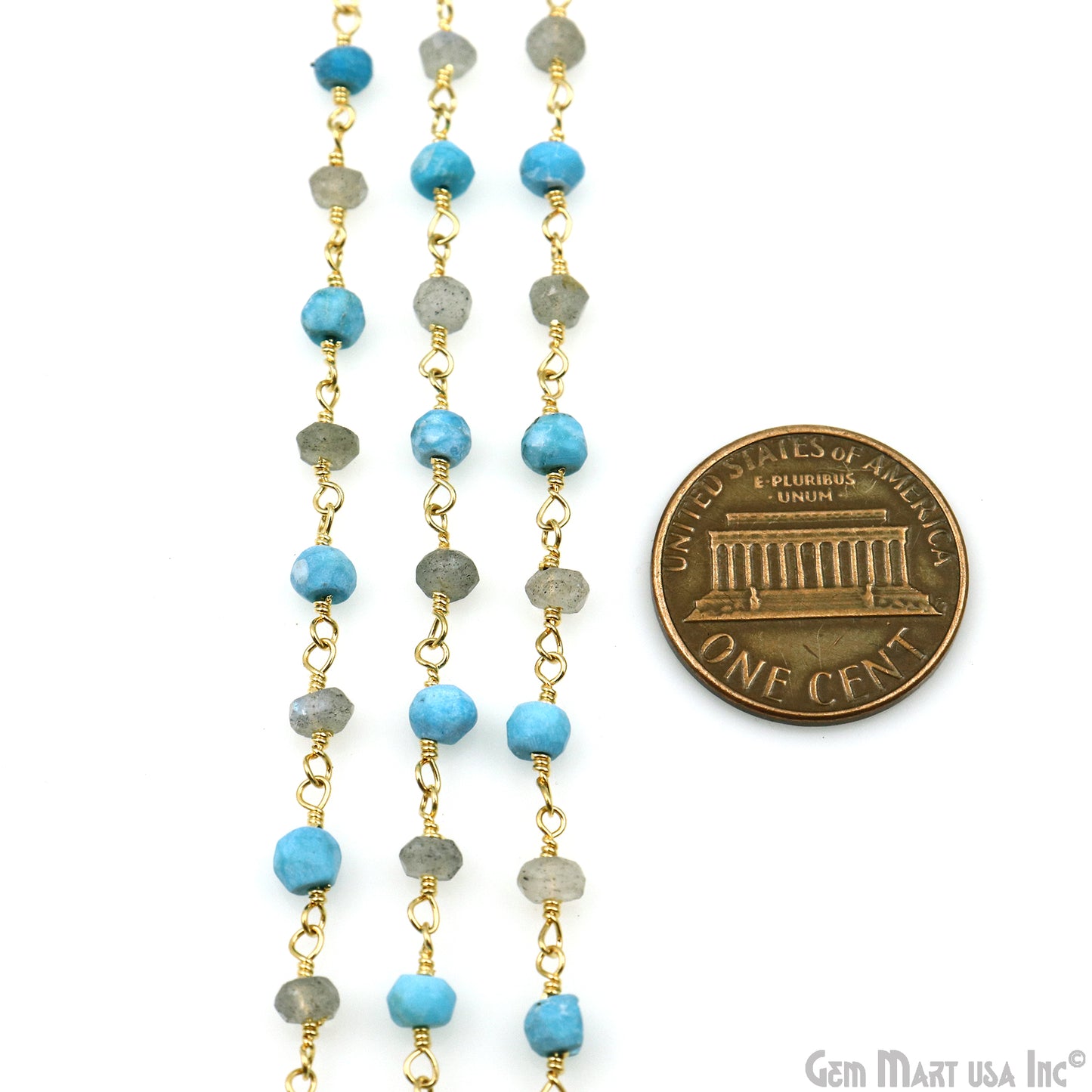 Turquoise & Labradorite 3-3.5mm Gold Plated Faceted Beads Wire Wrapped Rosary Chain