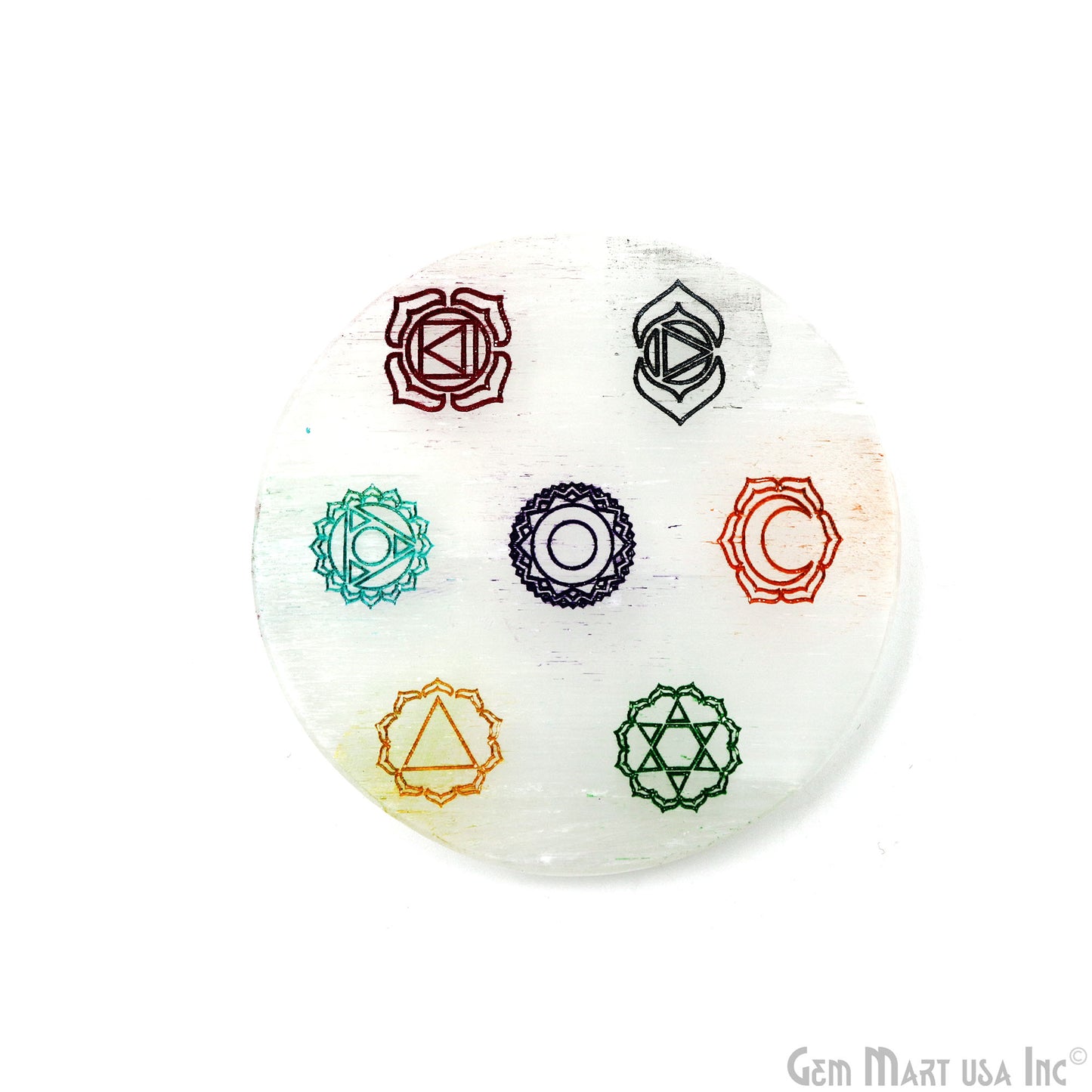 Selenite Round 84mm Engraved 7 Chakra Of Life Symbols Healing Meditation Gemstones