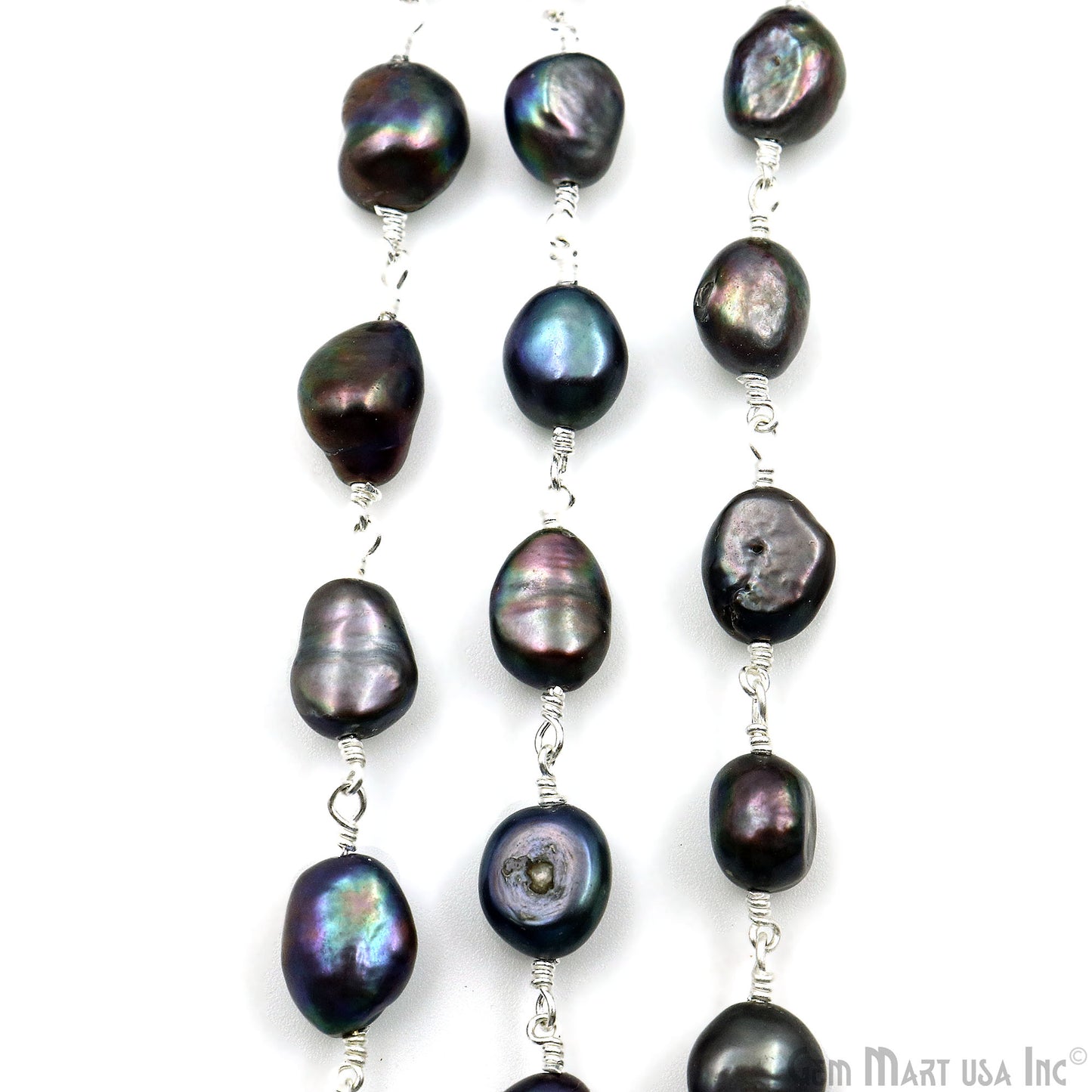 Black Pearl Free Form 8-9mm Silver Wire Wrapped Beads Rosary Chain