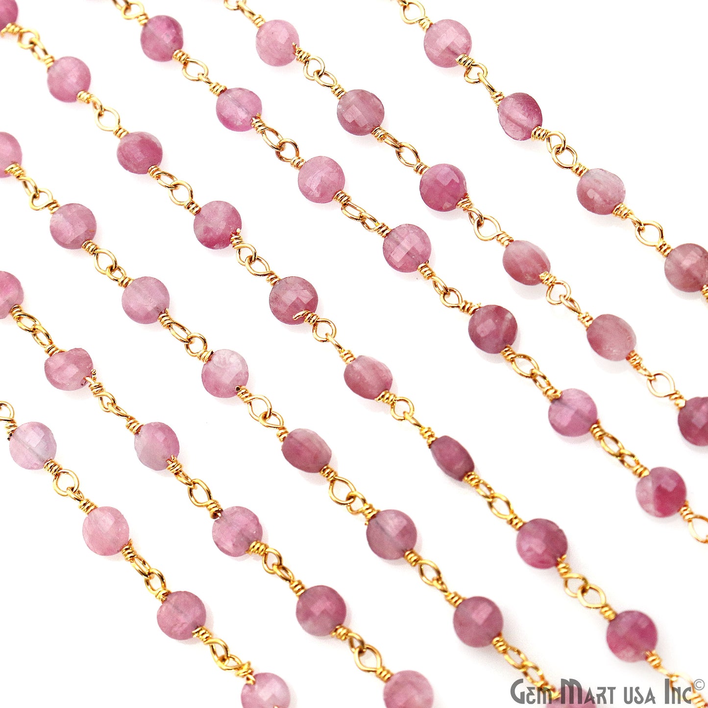 Pink Tourmaline Faceted Coin 3-4mm Gold Wire Wrapped Rosary Chain