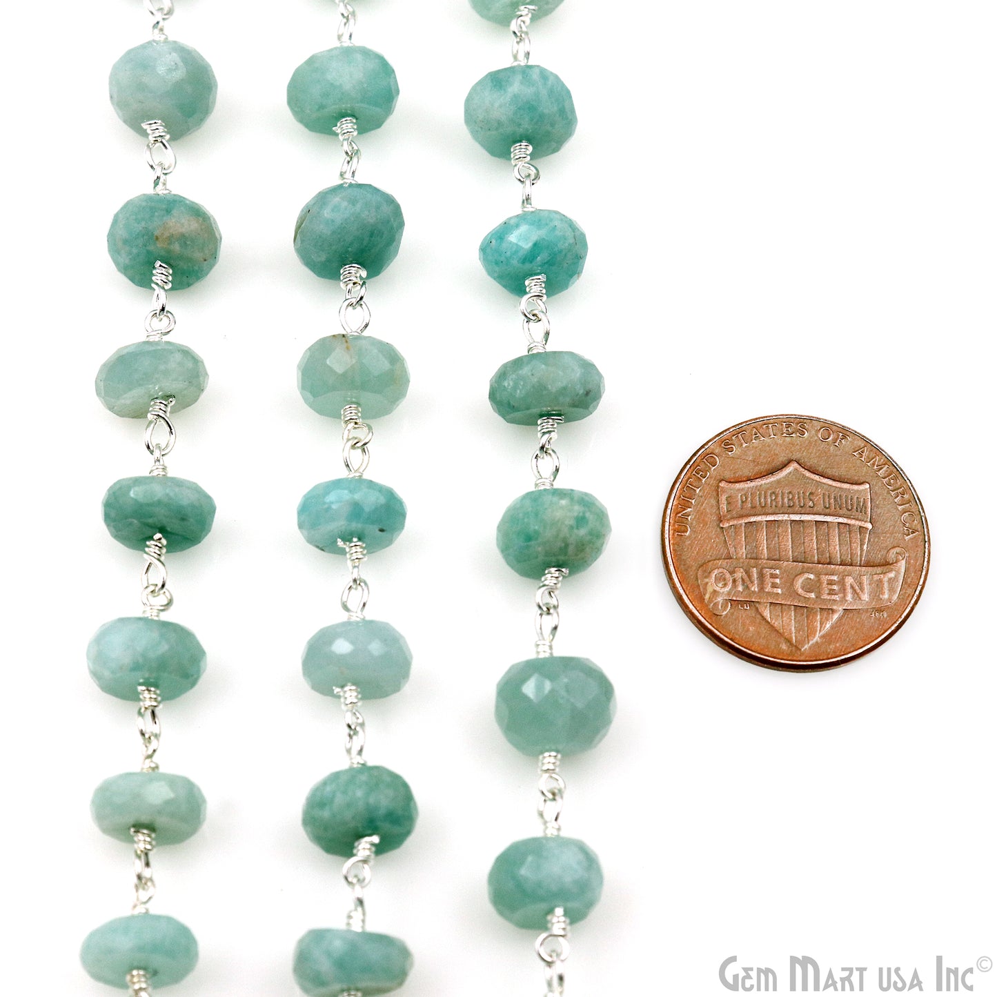 Amazonite 8-9mm Silver Plated Faceted Rondelle Beads Wire Wrapped Rosary Chain