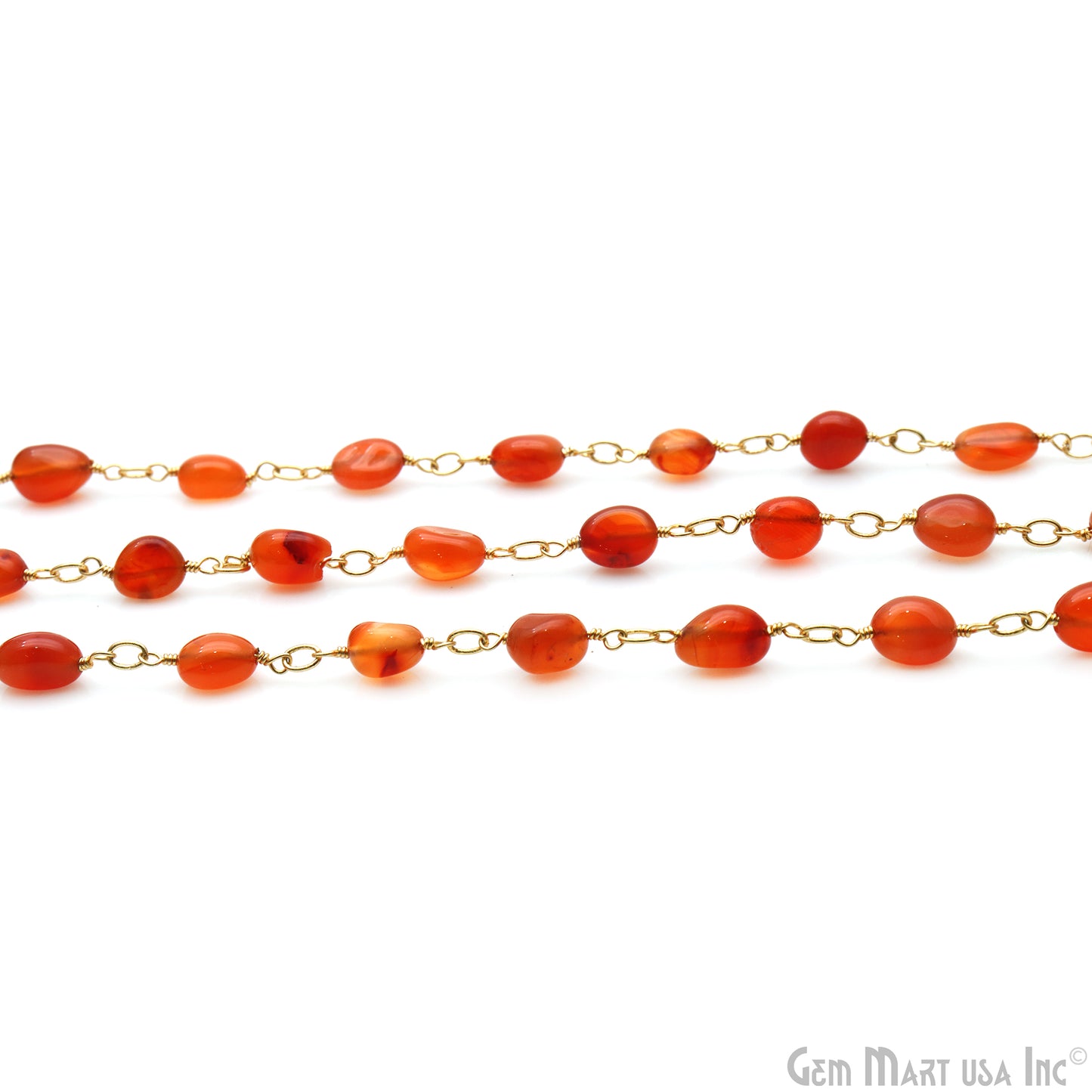 Carnelian Tumble Beads 8x5mm Gold Wire Wrapped Rosary Chain