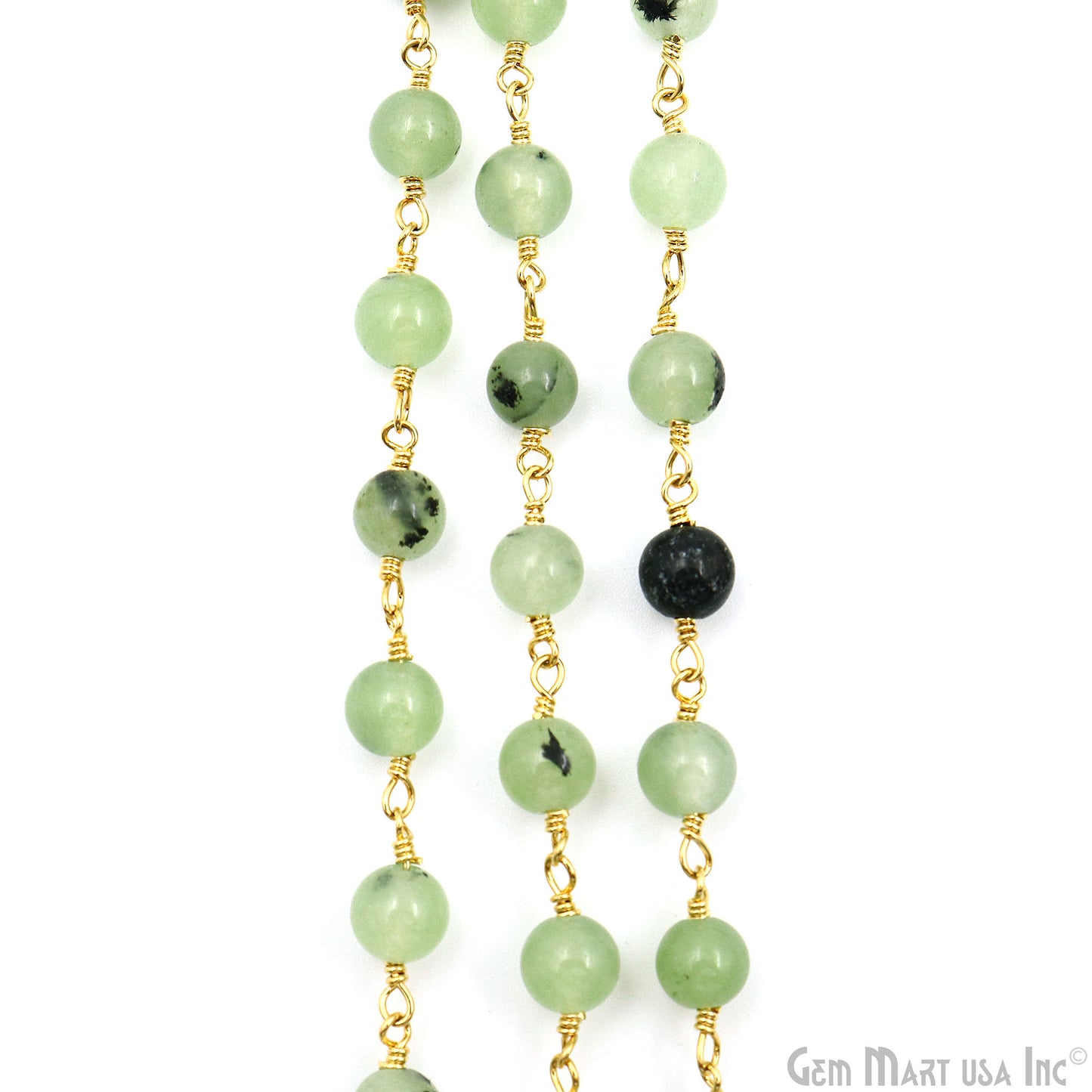 Green Rutile Jade Cabochon Beads 6mm Gold Plated Gemstone Rosary Chain