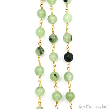 Green Rutile Jade Cabochon Beads 6mm Gold Plated Gemstone Rosary Chain