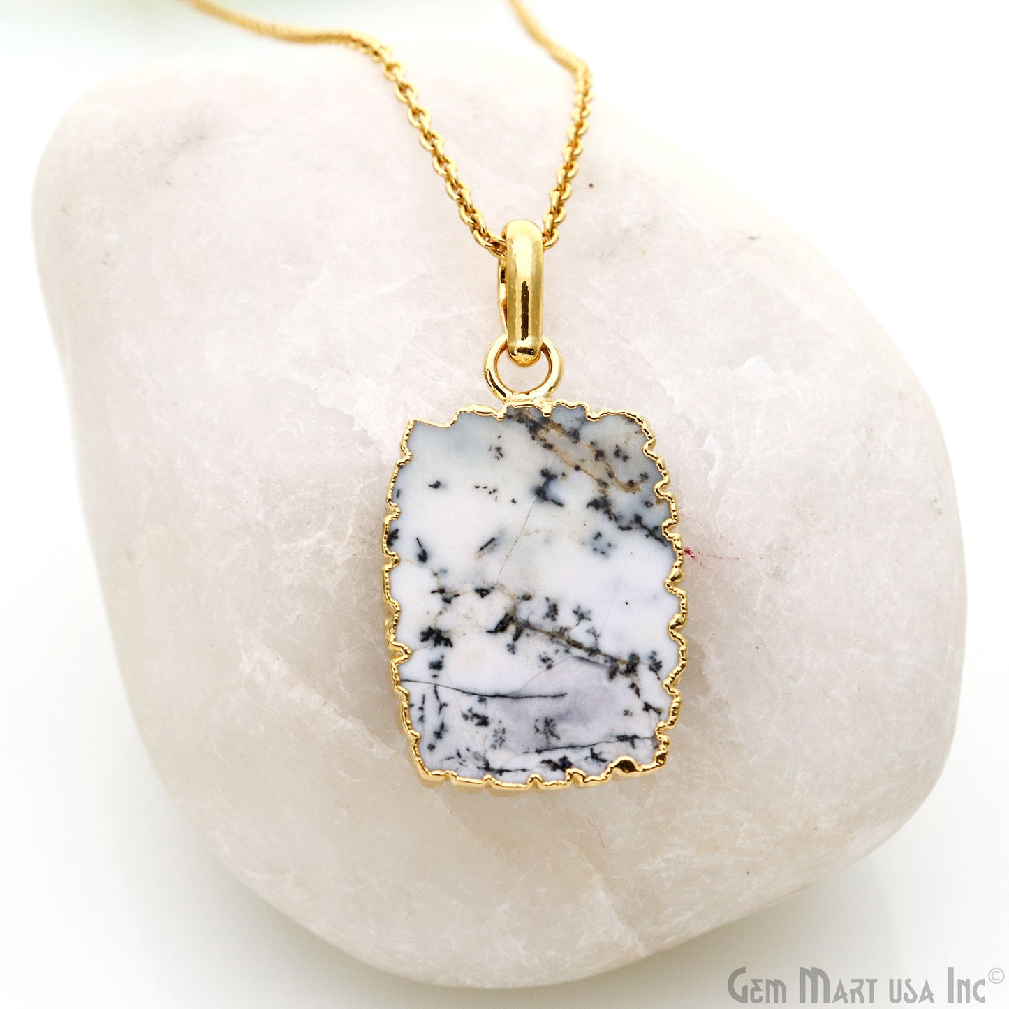 Dendrite Opal Rectangle 28x18mm Gold Electroplated Single Bail Connector Pendant