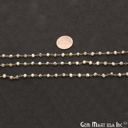 Dendrite Opal Jade Faceted Beads 4mm Gold Plated Wire Wrapped Rosary Chain - GemMartUSA