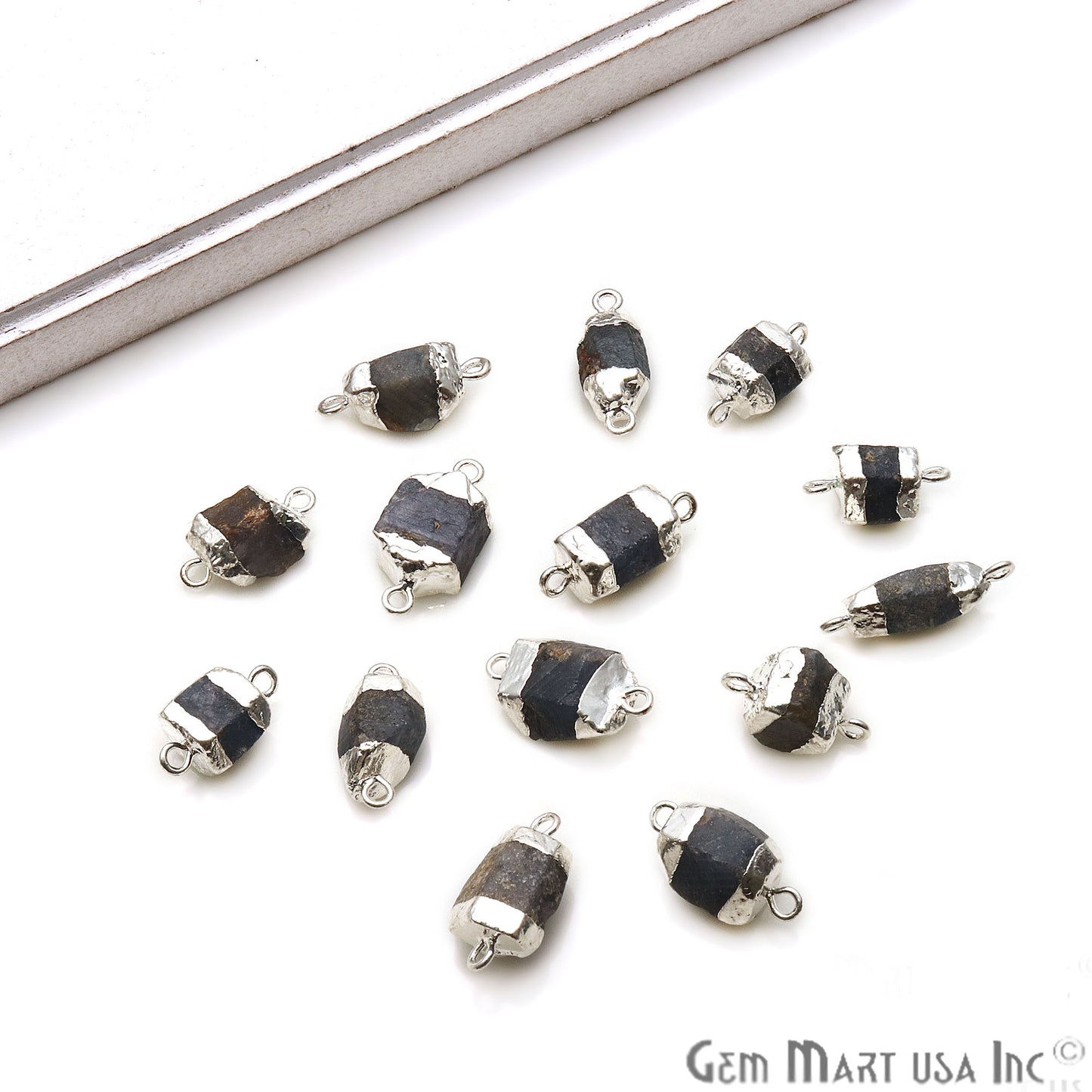 Rough Sapphire Gemstone 19x9mm Silver Edged Double Bail Bracelets Charm Connectors - GemmartUSA