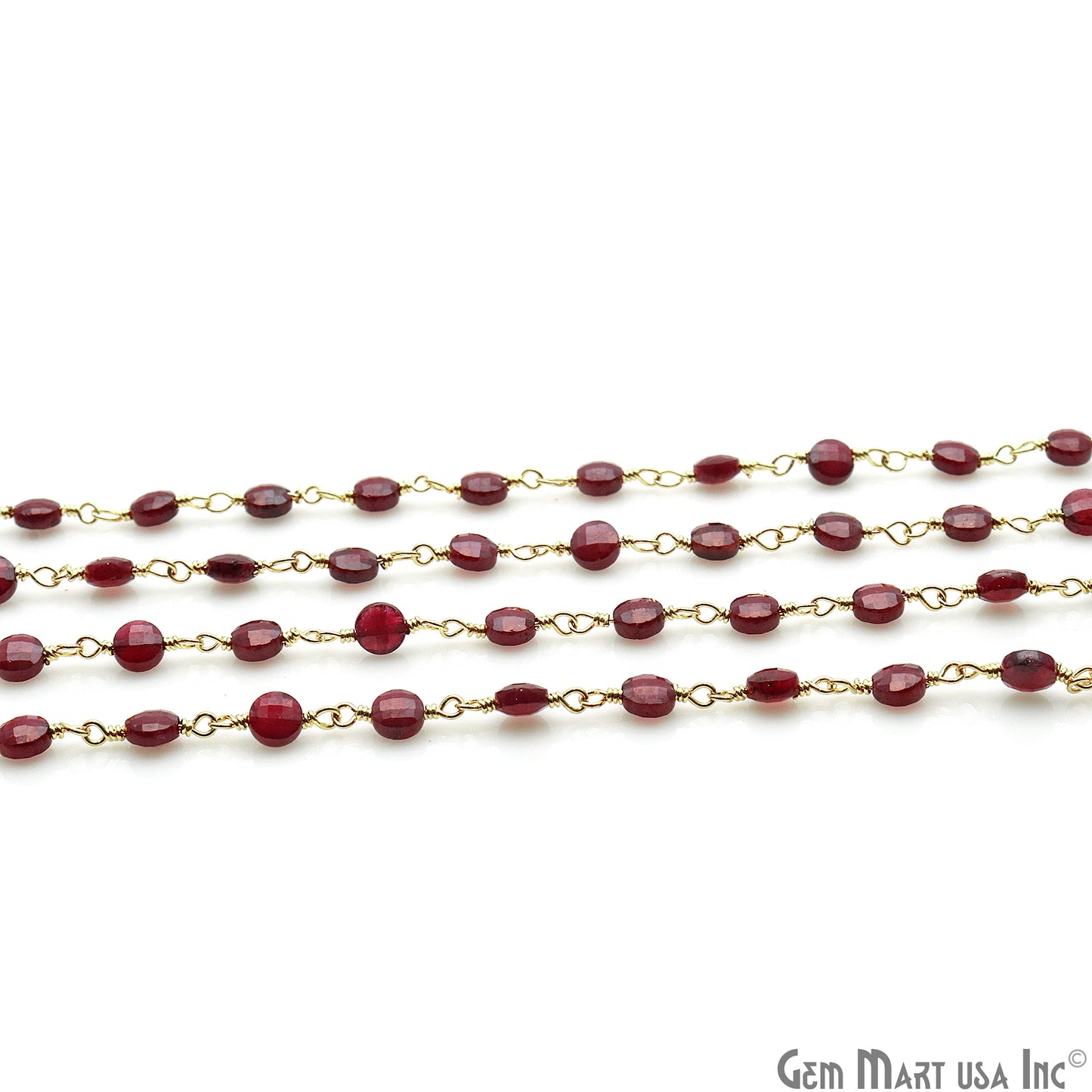 Red Garnet Faceted 3-4mm Gold Wire Wrapped Rosary Chain - GemMartUSA