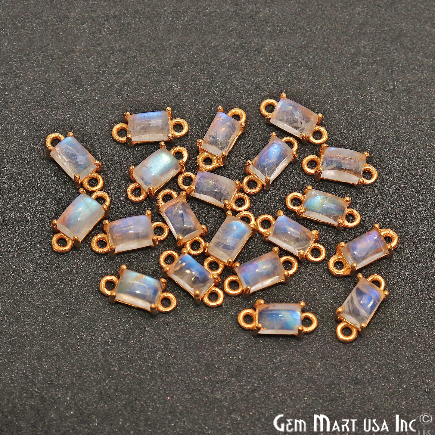 Rainbow Moonstone Cabochon Rectangle Prong Gold Plated Bail Connector - GemMartUSA