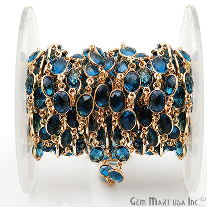 Blue Topaz 7x5mm Oval Bezel Link Gold Plated Continuous Connector Chain - GemmartUSA